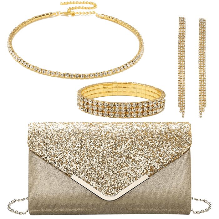 Жіноча сумочка з блискітками та блискітками, вечірня/весільна сумочка, гаманець, весільні прикраси, на випускний вечір, вечірку, сумка через плече, елегантна, набір з 4 предметів із золотом