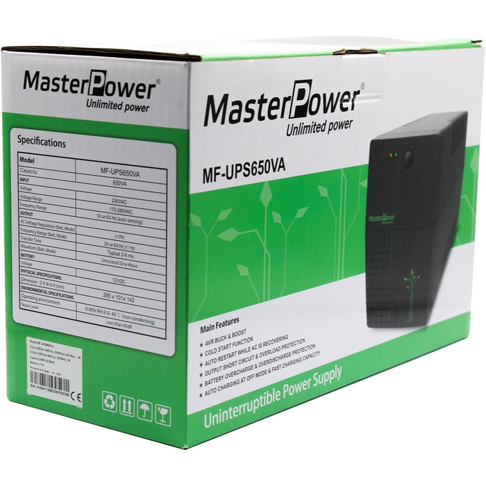Джерело безперебійного живлення Master Power UPS, 650 ВА, постійна вихідна напруга 360 Вт, 2 розетки Schuko