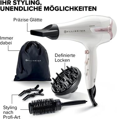 Фен для волосся Bellissima K9 2600 Light 2300 Вт швидке висушування, іонна технологія проти розпушування, набір з дифузором, щіткою, концентратором, затискачами та сумкою