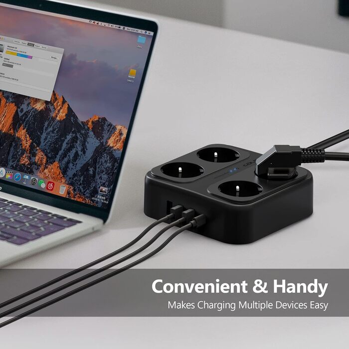 Розетка на кілька розеток, розетка JSVER на кілька розеток з 4 відділеннями, 3 розетки USB A і 1 розетка USB C з вимикачем, настін