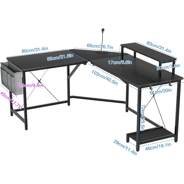 Геймерський стіл Supfine L-подібної форми з кронштейном для монітора, текстура з вуглецевого волокна, кутовий стіл з розетками та USB-портами, відділенням для зберігання речей (чорний)
