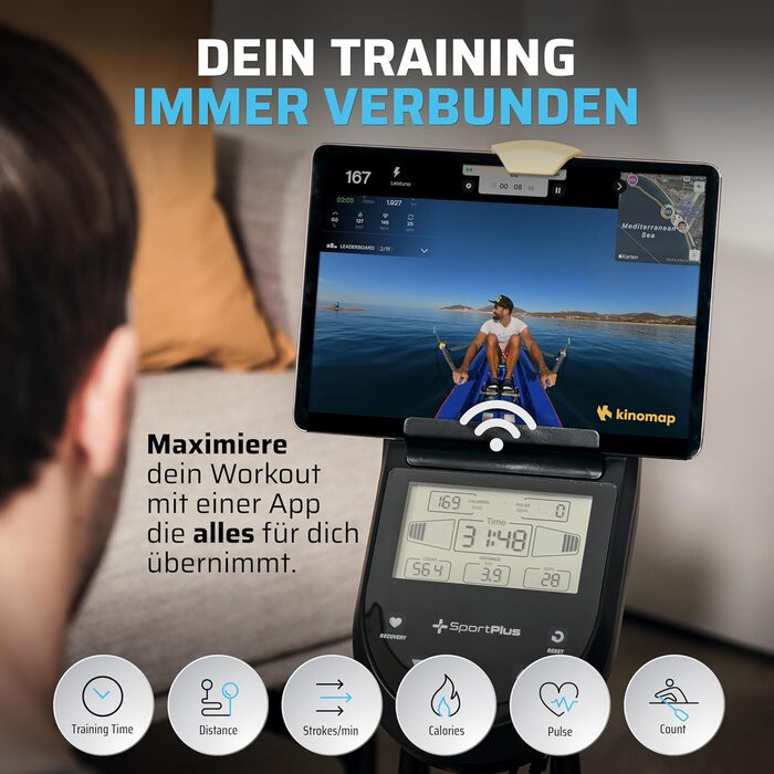 Складаний гребний тренажер SportPlus для домашнього використання - Розроблено в Німеччині - Для початківців та досвідчених користувачів - Гребний тренажер з магнітним опором, надзвичайно тихий, складний та компактний, до 150 кг, чорний/сірий - Сумісний із