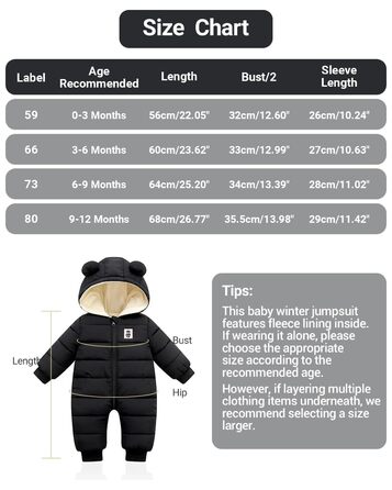 Дитячий зимовий комбінезон з капюшоном, зимовий комбінезон для хлопчиків та дівчаток, комбінезон з довгими рукавами, теплий одяг, подарунок, 9-12 місяців (), чорний
