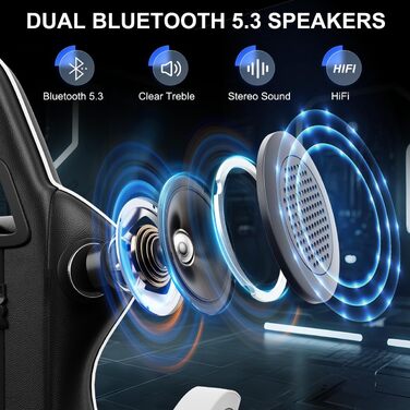 Ігрове крісло з Bluetooth-динаміками, ергономічне крісло для геймерів з підголівником та підтримкою попереку, регульоване по висоті та куту нахилу, ПК-крісло для дітей, підлітків та дорослих (Чорно-біле)