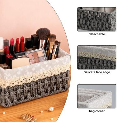 Набір кошиків для зберігання з 3 предметів, плетені кошики для зберігання в стилі бохо, декоративні кошики для дому, офісу, ванної кімнати та спальні (сірий)