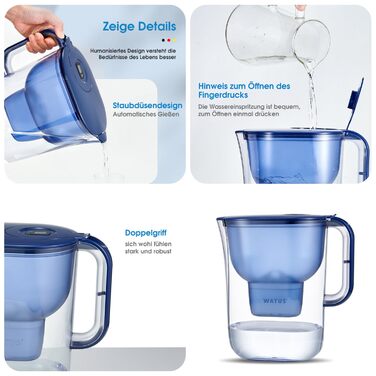 Фільтр для води Watus, синій глечик для фільтрації води, містить 4 картриджі Watus - глечик для фільтрування води (3,8 літра), фільтрація питної води для зменшення вмісту вапняку, хлору, свинцю та міді у водопровідній воді.