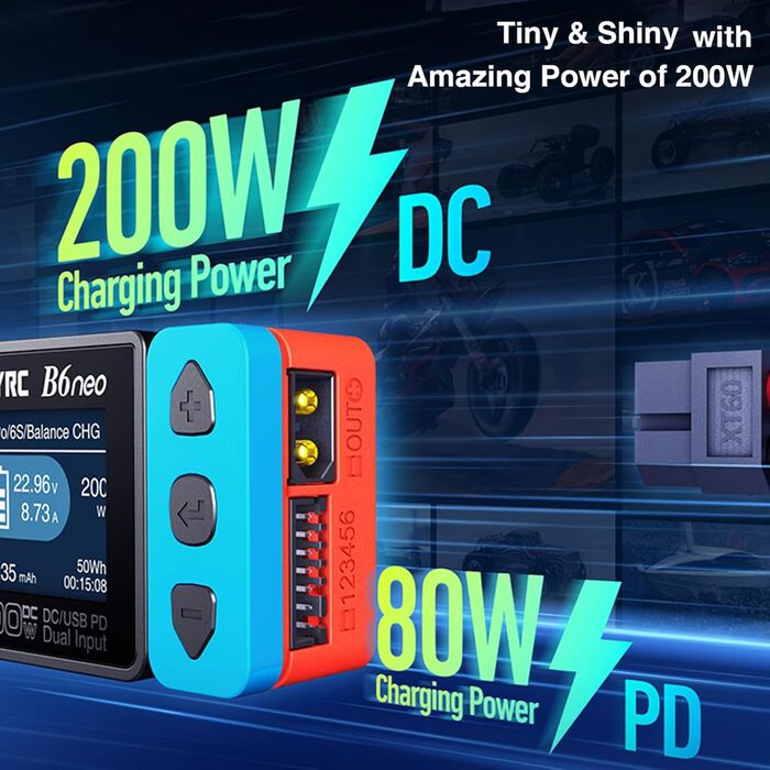 Розумний зарядний пристрій GoolRC B6neo для LiPo акумуляторів, DC 200 Вт PD 80 Вт, балансувальний зарядний пристрій та розрядник для акумуляторів LiPo/Life/LiIon/LiHV 1-6 с, NiMH/NiCd 1-15 с (синій)