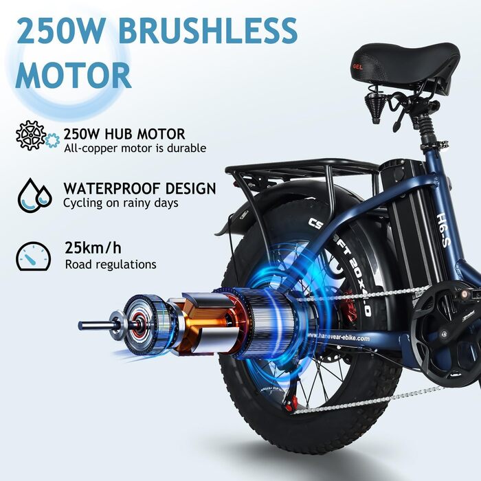 Електричні велосипеди HANEVEAR 20-дюймовий складний електровелосипед Pedelec 24Ah/48V літієва батарея до 140 км, задній двигун 250 Вт, гідравлічні гальма, міський електровелосипед для жінок та чоловіків із заднім кошиком, синій