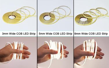 Світлодіодна стрічка TOPAI 12V COB 5M тепла біла, вузька світлодіодна стрічка 3000K Самоклеюча 384 світлодіоди/м CRI90, неводонепроникний гнучкий ріжучий стіл для прикраси домашньої кухні DIY (натуральний білий, шириною 3 мм)