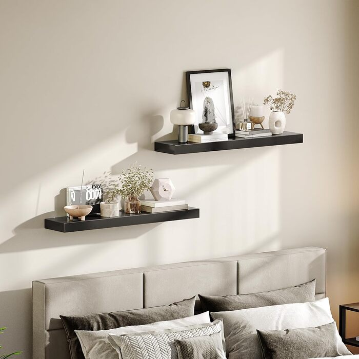 Настінна полиця HOOBRO, плаваюча полиця, 2 шт., міцні настінні полиці, підвісні полиці 80 x 20 x 3,8 см, з невидимими кронштейнами, для ванної кімнати, спальні, кухні, офісу, вітальні, чорна EBK80BJP201 Чорний 80 см