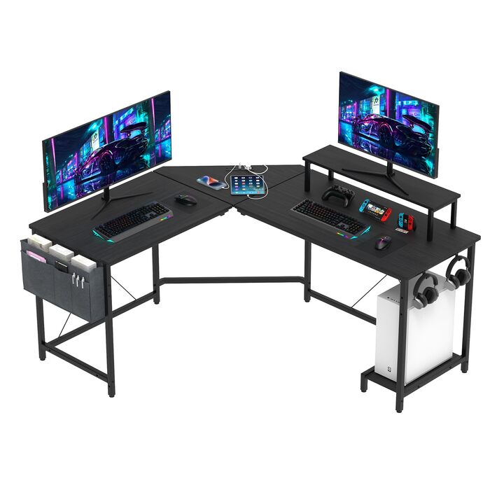 Ігровий стіл 160x135 см, комп&39ютерний стіл, письмовий стіл з підставкою для монітора, 2 розетки та 2 порти USB для зарядки, кутовий стіл, L-подібний ігровий стіл, великий кутовий стіл для ПК 160 x 135 x 75 см