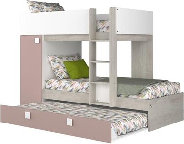 Двох'ярусне ліжко для двох дітей з висувним ліжком і шафою Колір білий потертий і античний рожевий