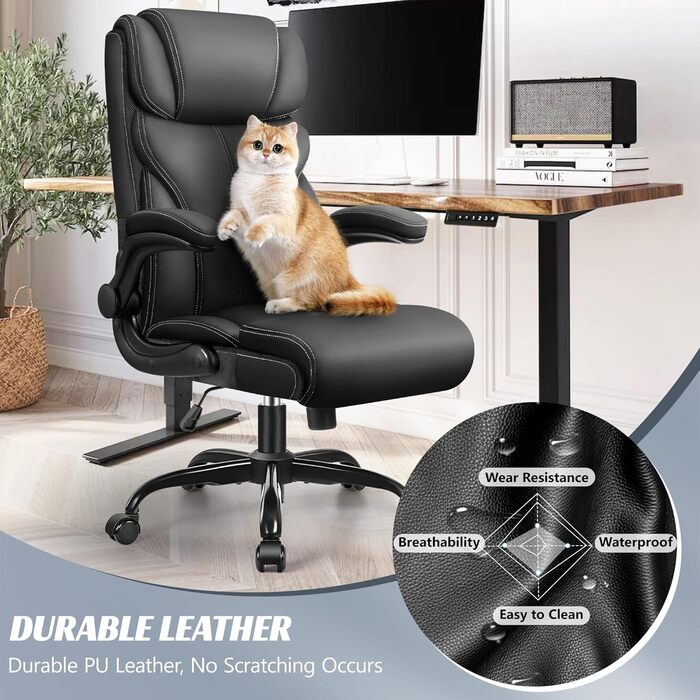 Офісне крісло FelixKing, ергономічне велике комп&39ютерне офісне крісло, крісло керівника, регульована висока спинка, відкидні підлокітники, поперекова підтримка, поворотне комп&39ютерне крісло з функцією гойдання (матовий чорний) 5066H матовий чорний