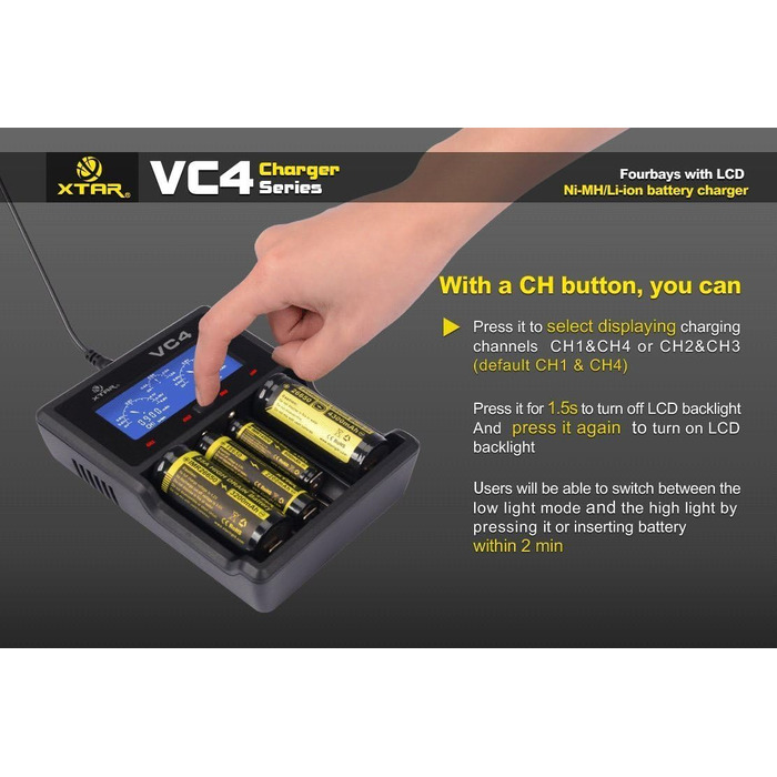 Зарядний пристрій XTAR VC4 з РК-дисплеєм для акумуляторів 18650 Li-Ion/Ni-MH, чорний