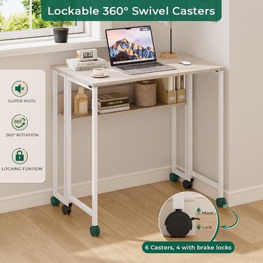 Розкладний стіл Dripex 80x50 см, компактний стіл, складний комп&39ютерний стіл з місцем для зберігання та колесами, невеликий розкладний комп&39ютерний стіл для домашнього офісу/кабінету (дуб)