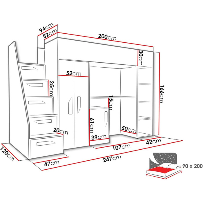 Двох'ярусне дитяче ліжко Hula 14 Двох'ярусне ліжко з шафою, письмовим столом і сходами, на вибір кольору, дитяче ліжко (білий/біли