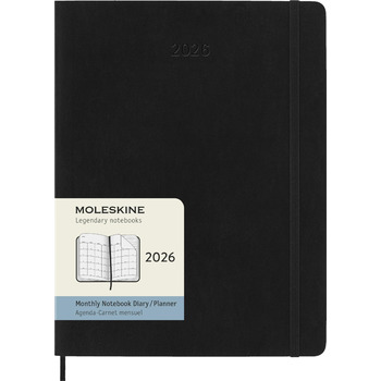 Щомісячний планер Moleskine, щомісячний календар на 2026 рік (12 місяців), м&39яка обкладинка з еластичною застібкою, розмір XL (19 x 25 см), чорний