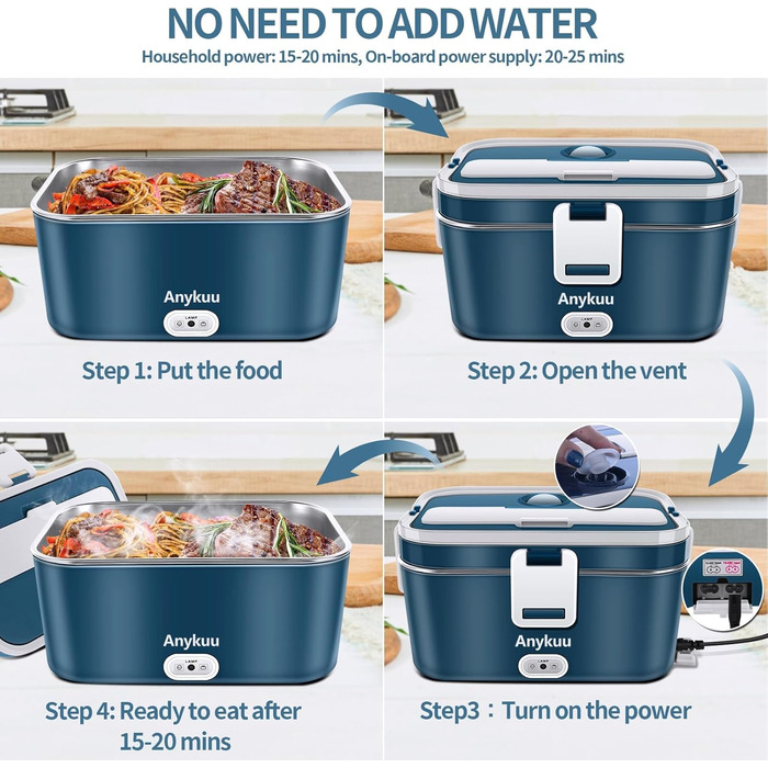Електричний ланч-бокс 100 Вт 1,8 л 3-в-1 12 В/24 В/220 В з підігрівом, портативний для автомобіля/вантажівки/офісу/дому з виделкою та ложкою, синій