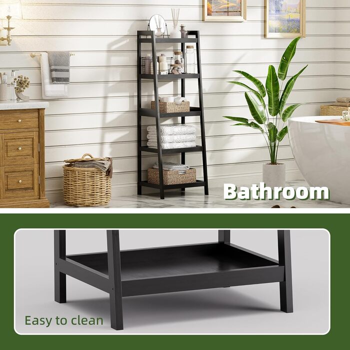 Книжкова полиця, 5-ярусна книжкова полиця-драбина з бамбуковим каркасом, окремостояча висока, вузька полиця для рослин для вітальні, кухні, спальні, балкону, чорна