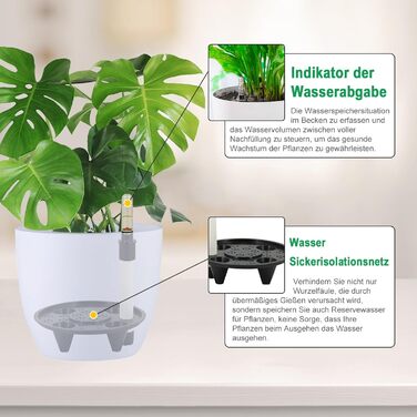 Самополивний квітковий горщик з індикатором води, білий, набір з 5 шт. , 15 см, самополивний горщик, резервуар для води, кашпо, кашпо для використання в приміщенні та на вулиці, самополивний горщик