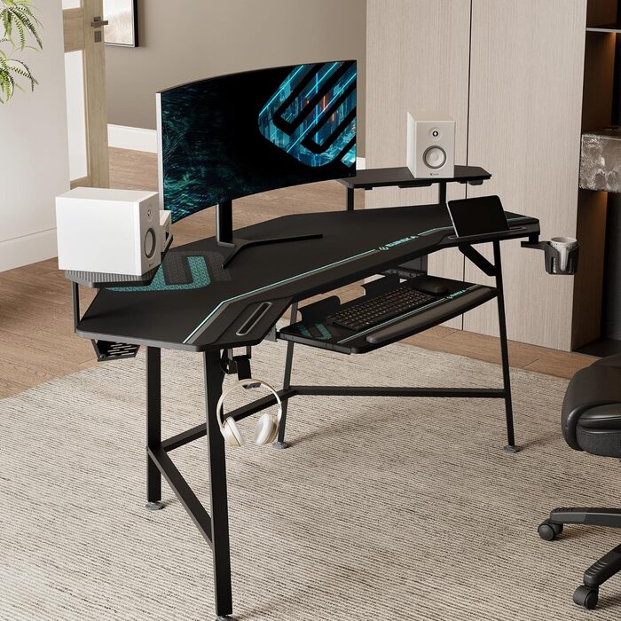 Ергономічний ігровий стіл EUREKA зі світлодіодним освітленням, великий ігровий стіл у формі крила 182x76 см, комп&39ютерний стіл з підставкою для клавіатури, 2 підставки для монітора, гачки для навушників для домашнього офісу, студії, прямих трансляцій, 1