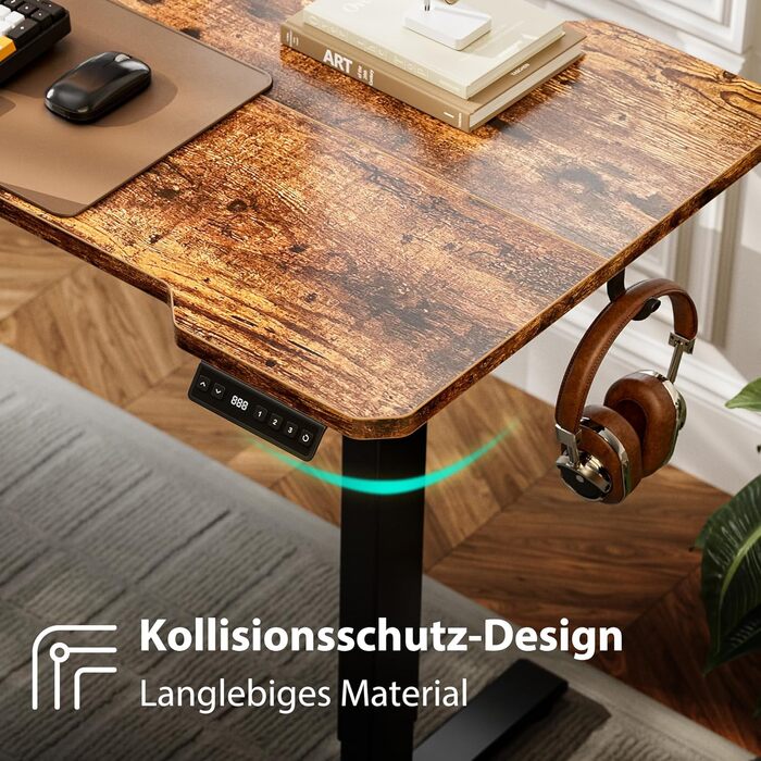 Кутовий стіл, регульований по висоті, L-подібний, 150 x 100 см, електричне регулювання висоти, ергономічний стіл з підставками для чашок та гачками, міцний офісний стіл, коричневий, L-подібний, 59