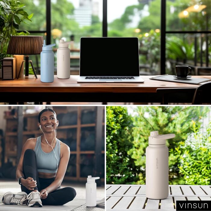 Пляшка для води Vinsun з нержавіючої сталі, бежева, 1 л - герметична, підходить для газованих напоїв, без BPA - трубочка, носик для пиття, термопляшка для спорту, активного відпочинку та школи, 1000 мл, бежевий