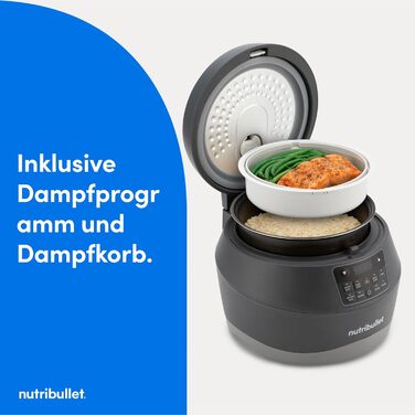 Мультифункціональна рисоварка nutribullet EveryGrain Cooker, на 10 чашок, 5 автоматичних програм, функція підігріву 12 год, з ложкою та вставкою, 600 Вт, сіра (NBRC605DG)