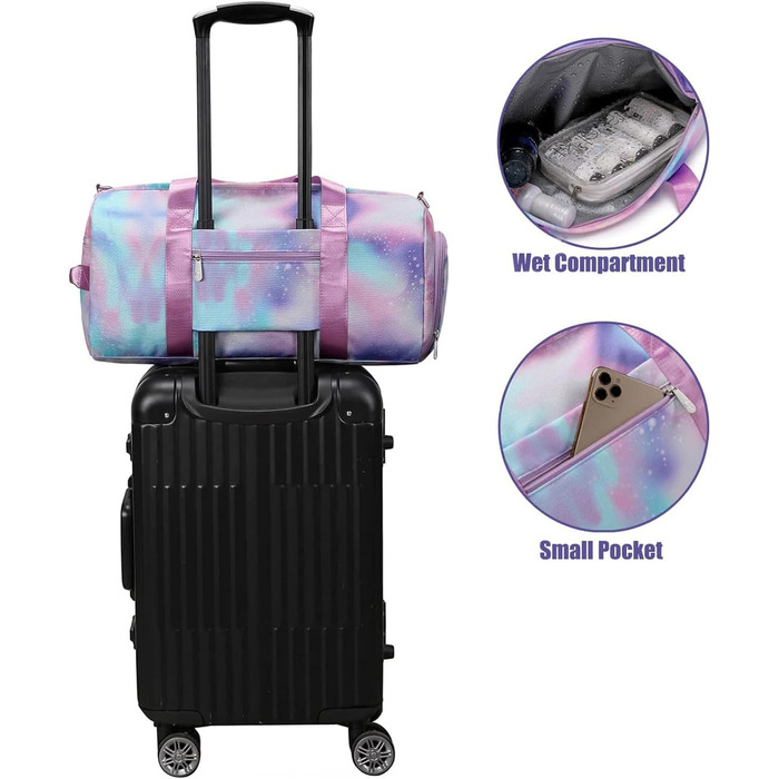 Дитяча спортивна сумка, дорожня сумка з відділенням для взуття та відділенням для мокрих речей, сумка для плавання, дорожня сумка для дівчаток для гімнастики та плавання, мила барвиста сумка для танців з райдужним візерунком, спортивна сумка (фіолетова)