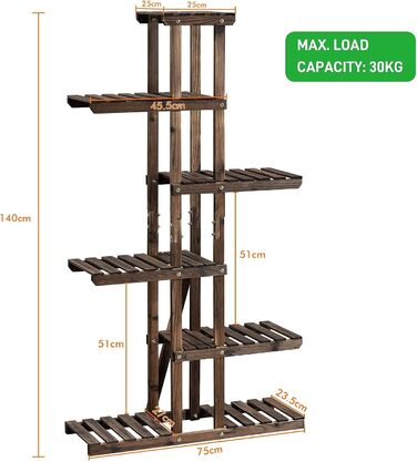 Ярусна підставка для квітів Yaheetech, полиця для квітів з масиву дерева, стійка для рослин, компактна та багатофункціональна лавка для квітів для балкону/тераси/саду 75 x 27 x 140 см, 6-