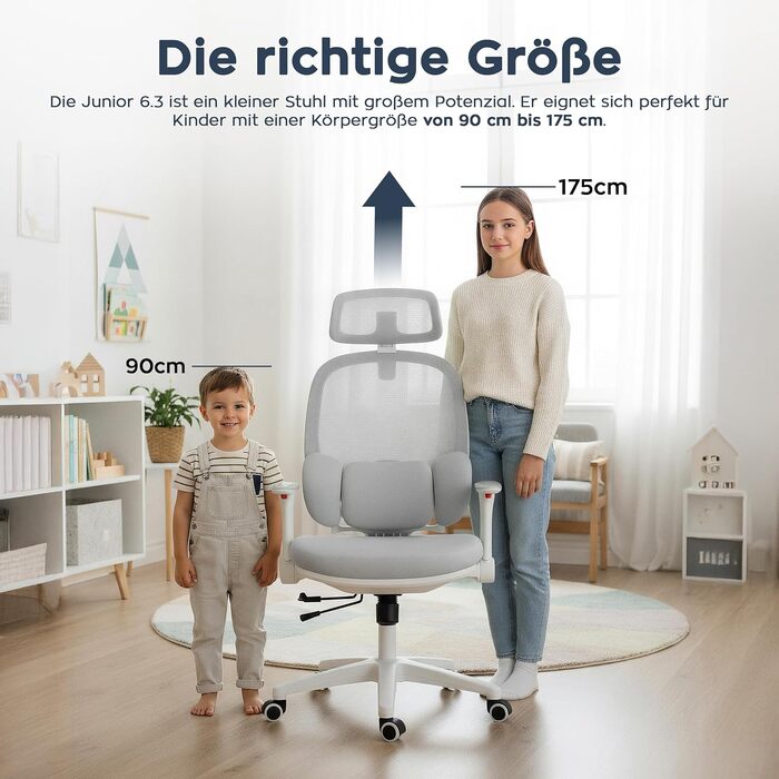 Ергономічне дитяче крісло, Стілець для роботи, Навчальне крісло, 3D поперекова підтримка, Регулювання сидіння, 2D підголівник, Регулювання висоти, Коліщатка з поліуретанової гуми, Для дітей зростом до 175 см, Сірий, 6.3