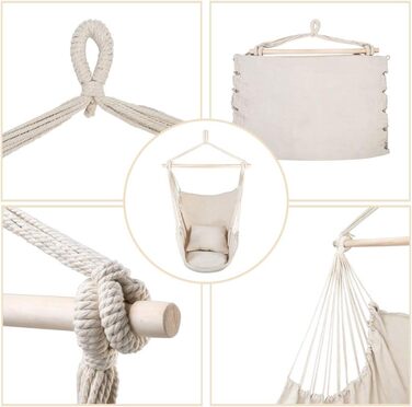 Підвісне крісло LEADZM для вулиці - бавовна з 2 подушками, вантажопідйомність 100 кг, підвісне крісло для саду, балкону, тераси - для використання в приміщенні та на вулиці - 80 x 126 см, бежевий