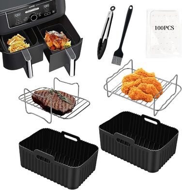 Аксесуари для фритюрниці з 2 силіконовими формами для фритюрниці, двошаровою решіткою для гриля, двозонними аерофритюрницями Аксесуари для фритюрниці Ninja AF300EU AF400EU, COSORI 8.5 л, Cookwise 9 л, мікрохвильова піч, стиль духовки 2