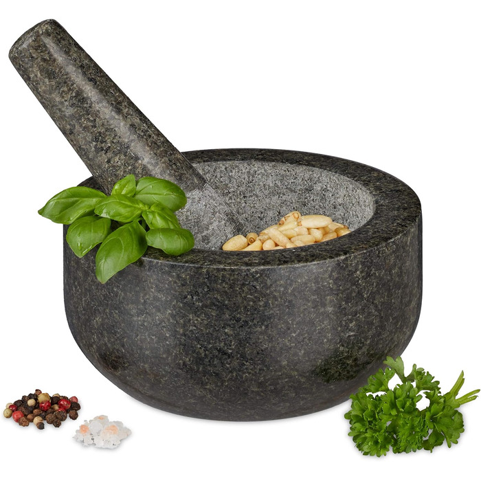 Гранітний розчин Relaxdays з товкачиком, міцний і довговічний, спеції, трави, полірований кам'яний розчин, Ø 16 см, 400 мл, сірий,
