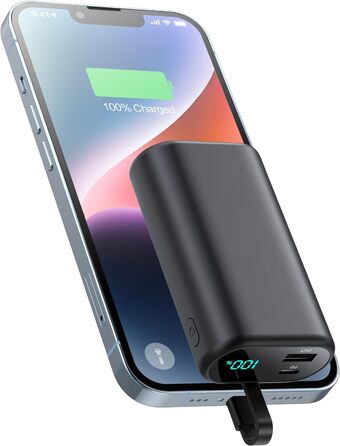 Для iPhone 10800mAh з вбудованим кабелем, швидка зарядка PD 3.0A, LCD дисплей, зовнішній акумулятор, сумісний з iPhone 14 Pro Max/14/13/13 Pro/12/11/XS/XR/X/8 Plus/SE та ін. A-чорний