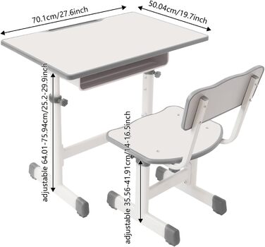 Дитячий письмовий набір, дитячий стіл з регульованою висотою (стіл 64-76 см, стілець 36-42 см), стіл з гачками, шухлядою та лотком для ручок для дітей віком 3-18 років, навчання письму та малюванню (кремово-білий)