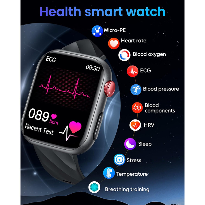 ЕКГ ГАРЯЧИЙ смарт-годинник для чоловіків із серцевим ритмом, кров&39яним тиском 1,97-дюймовий AMOLED сенсорний чорний годинник для здоров&39я з монітором сну, крокоміром, функцією телефону, спортивним годинником, фітнес-годинником, iOS, Android