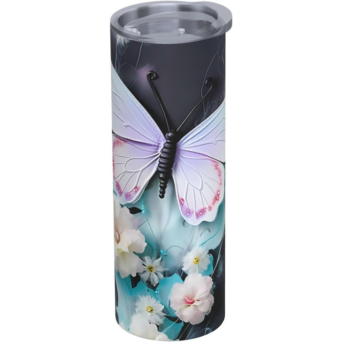 Кухоль з прямою трубочкою, 590 мл, білий метелик, принт, дорожній кухоль, підходить для кемпінгу, офісу та дому