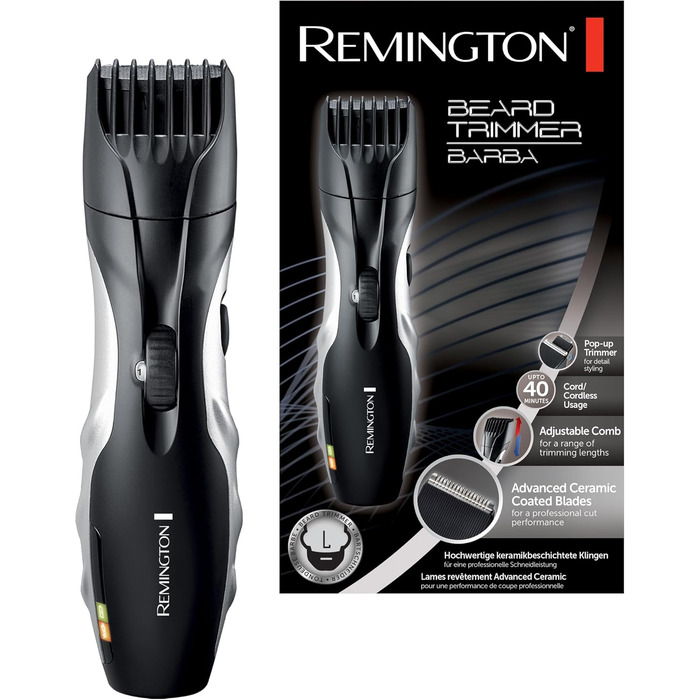 Тример для бороди Remington для чоловіків самозаточувальний. Керамічні леза/0,4-18 мм Набір тримера для бороди (колесо регулювання з 9 налаштуваннями довжини від 1,5 мм, робота від мережі/акумулятора, світлодіодний індикатор заряджання, тример для довгого