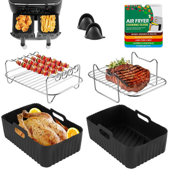 Аксесуар для фритюрниці для Ninja Foodi Dual AF400EU AF300EU, легко чиститься, включає багаторазову силіконову фритюрницю, вставку та решітку та кулінарну книгу для смаження на повітрі та рукавички чорні, 7 шт.