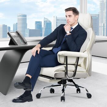 Ергономічне офісне крісло з висувною підставкою для ніг, регульоване по висоті робоче крісло, велика м&39яка спинка, індивідуальна поперекова підтримка, крісло керівника зі штучної шкіри, білий колір з підставкою для ніг