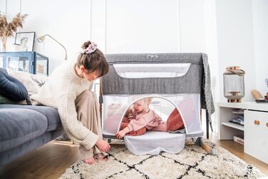 Дитяче ліжечко Momi SMART Bed 4-в-1 до 15 кг, приліжкове ліжечко для немовлят з матрацом, регульована висота, сірого кольору, одномісне