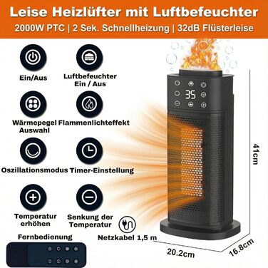 Керамічний вентилятор-обігрівач з ефектом полум&39я та зволожувачем повітря, електричний обігрівач потужністю 2000 Вт, енергозберігаючий та тихий, потужний електричний обігрівач для офісу та спальні, ідеально підходить для обігрівача кімнати