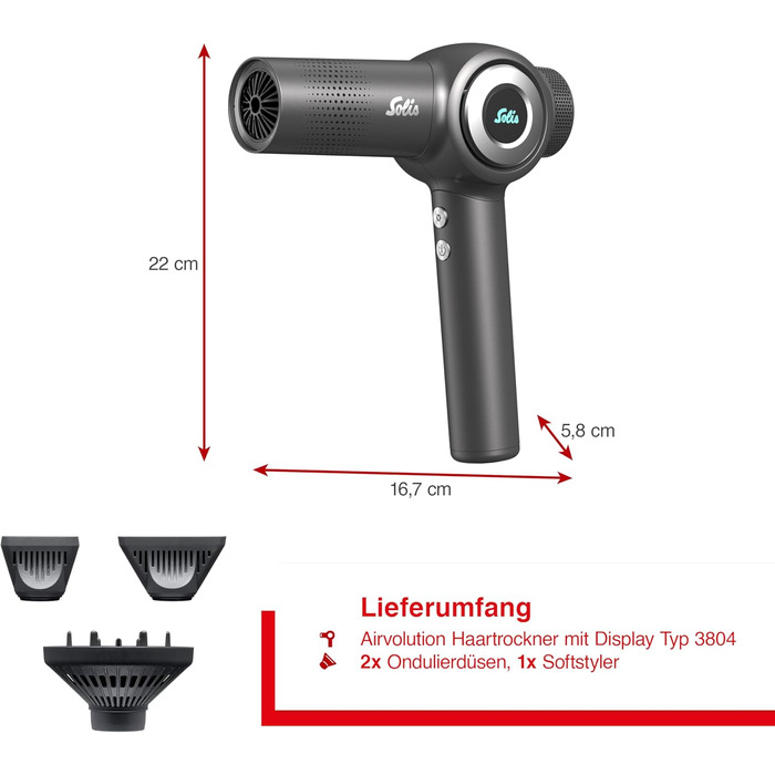 Фен для волосся (Модель 3804) Легкий, з іонізацією, 1600 Вт, 4 режими швидкості, LED-дисплей, програма захисту від посічених кінчиків, дифузор та насадки Професійне укладання волосся, як у салоні краси