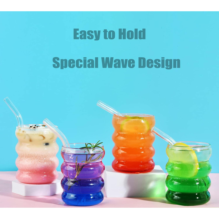 Ребристі склянки для пиття зі скляними соломинками Набір з 4 шт. , склянки для кави з льодом 350 мл, склянки Wave Glasses Tumbler,