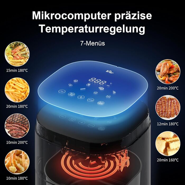 Вертикальна повітряна сковорода Bear 5 л, 7 програм, вологе випікання з безмасляним водяним туманом 1500-1750 Вт, цифровий дисплей зі світлодіодним сенсорним екраном, доступний для 6 осіб, енергозберігаюче гаряче повітря з підказкою перевертання їжі