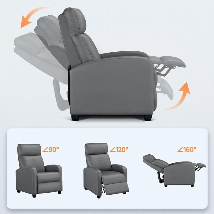 Крісло для телевізора Yaheetech з розкладним кріслом, функцією відкидання та регульованою підставкою для ніг, одномісний диван, штучна шкіра сірого кольору