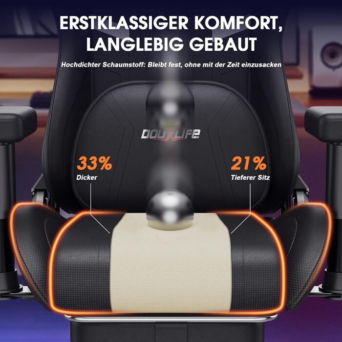Ігрове крісло Douxlife з функцією розминання, масажу та підігріву, ергономічне офісне крісло з підставкою для ніг, регульоване на 90-175, м&39які 2D підлокітники, ігрове крісло для ПК, 181 кг, чорний колір