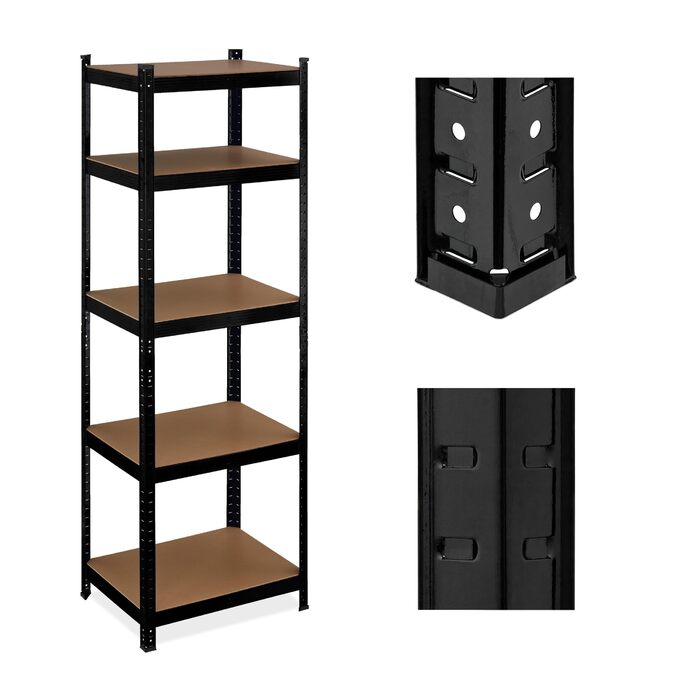 Чорний надміцний стелаж Relaxdays, висота та довжина 180x60x45 см, 500 кг, 5 полиць, для підвалу, гаража, модульна полиця для зберігання, сталь, 80, чорний