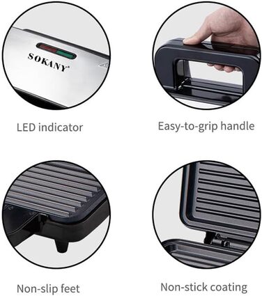 Контактний гриль SOKANY SK-227 1000 Вт, антипригарне покриття, прохолодна сенсорна ручка, автоматичний контроль температури, світлові індикатори, тостер для сендвічів, панінімейкер, електричний гриль